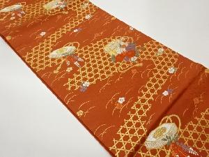 貝桶に藤・牡丹模様織出し開き名古屋帯（額縁仕立て）